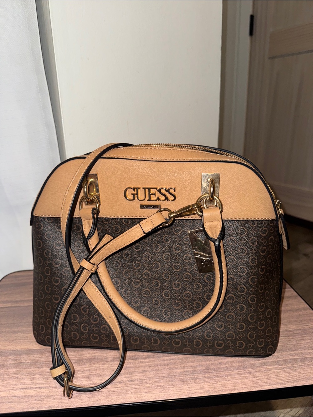 GUESS Tan and Brown Logo Dome Satchel with Gold Hardware